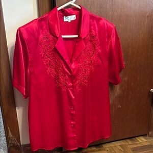 Red Embroidered 100% Silk Women's Top